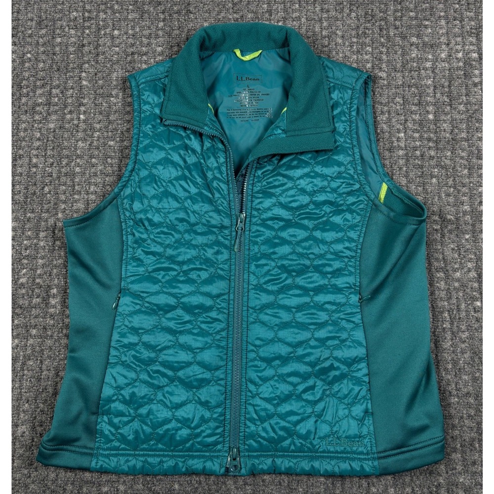 LL Bean Thinsulate Quilted Puffer Vest Full Zip Stretch Panels Large Teal Blue